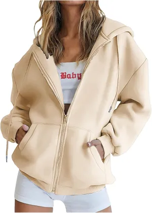 Ceboyel Womens Oversized Hoodie Sweatshirt Full Zip Up Jacket Drawstring Hooded Top Teen Girl Y2k Preppy Clothing with Pocket