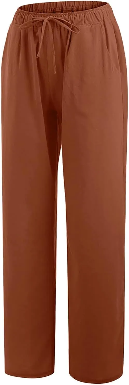 Ceboyel Womens Wide Leg Palazzo Pants Drawstring Cotton Linen Pants Elastic High Waist Lounge Trousers Boho Summer Outfits