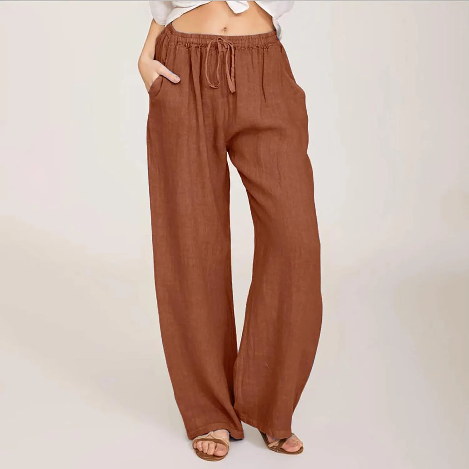 Ceboyel Womens Wide Leg Palazzo Pants Drawstring Cotton Linen Pants Elastic High Waist Lounge Trousers Boho Summer Outfits