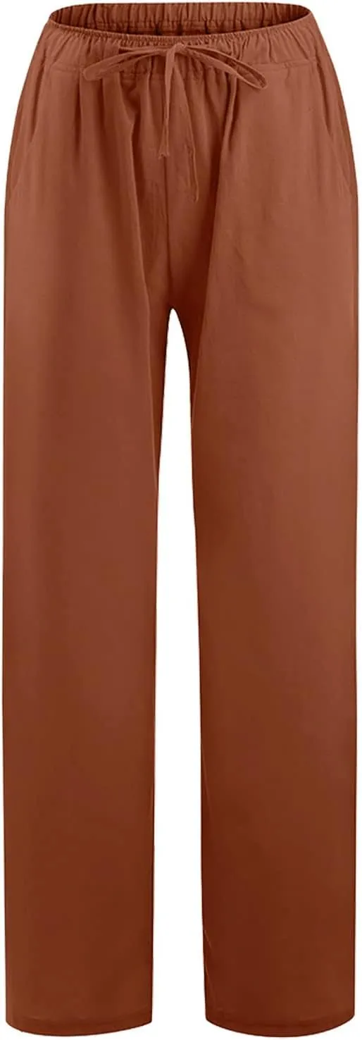 Ceboyel Womens Wide Leg Palazzo Pants Drawstring Cotton Linen Pants Elastic High Waist Lounge Trousers Boho Summer Outfits