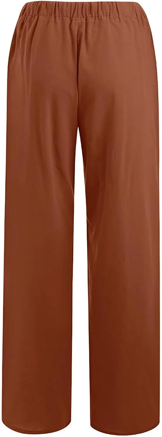 Ceboyel Womens Wide Leg Palazzo Pants Drawstring Cotton Linen Pants Elastic High Waist Lounge Trousers Boho Summer Outfits