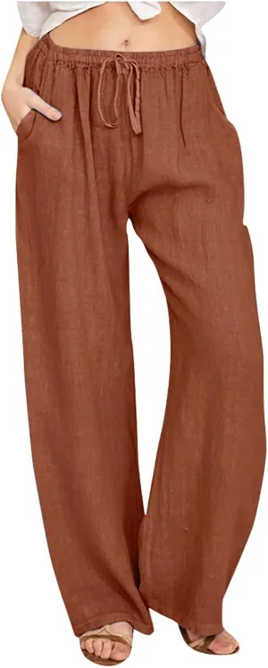 Ceboyel Womens Wide Leg Palazzo Pants Drawstring Cotton Linen Pants Elastic High Waist Lounge Trousers Boho Summer Outfits