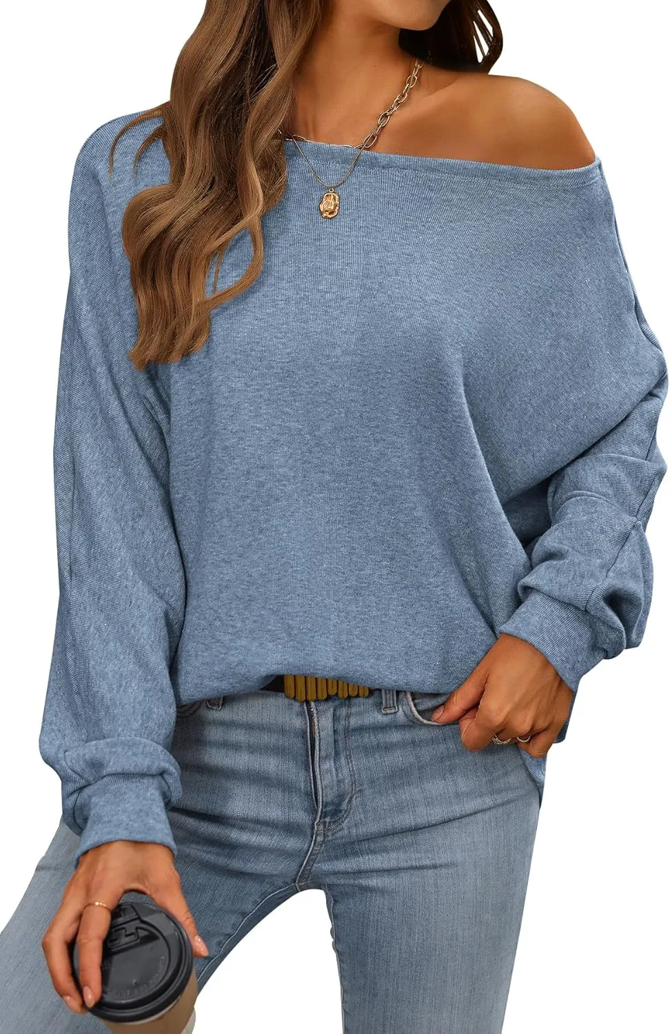CFLONGE Fall Sweaters for Women 2025 Casual Pullover Off The Shoulder Sweater Batwing Long Sleeve Sweatshirt Knit Jumper Tops