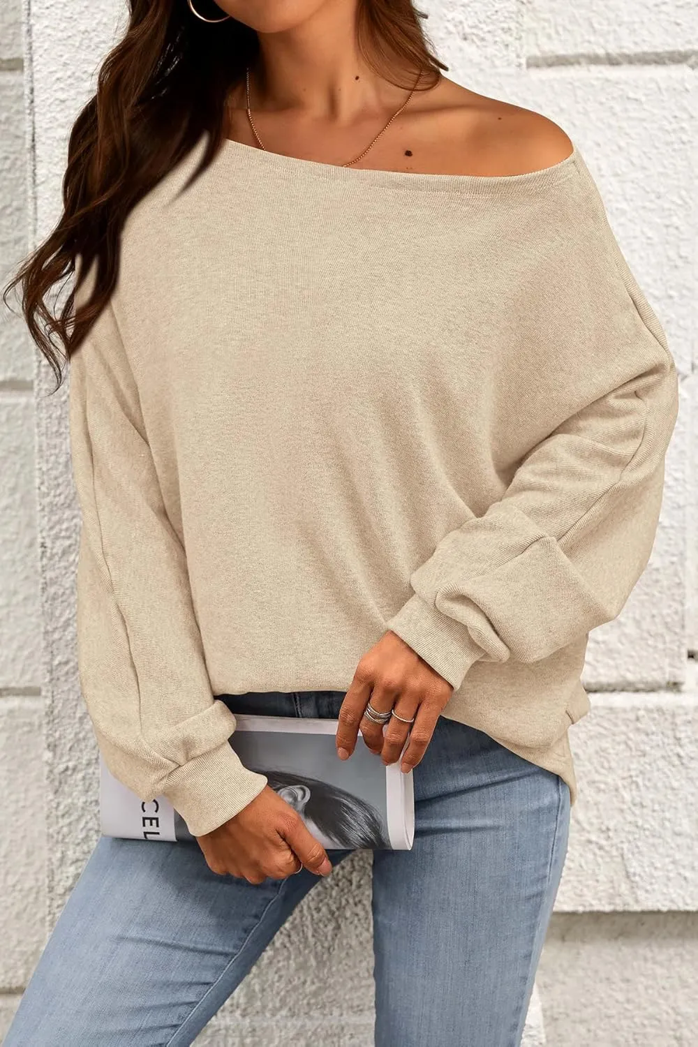 CFLONGE Fall Sweaters for Women 2025 Casual Pullover Off The Shoulder Sweater Batwing Long Sleeve Sweatshirt Knit Jumper Tops