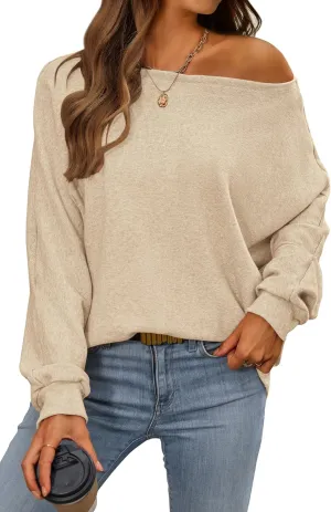 CFLONGE Fall Sweaters for Women 2025 Casual Pullover Off The Shoulder Sweater Batwing Long Sleeve Sweatshirt Knit Jumper Tops