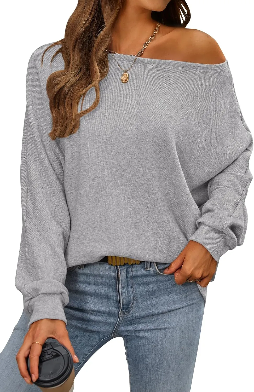 CFLONGE Fall Sweaters for Women 2025 Casual Pullover Off The Shoulder Sweater Batwing Long Sleeve Sweatshirt Knit Jumper Tops