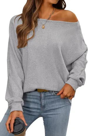 CFLONGE Fall Sweaters for Women 2025 Casual Pullover Off The Shoulder Sweater Batwing Long Sleeve Sweatshirt Knit Jumper Tops