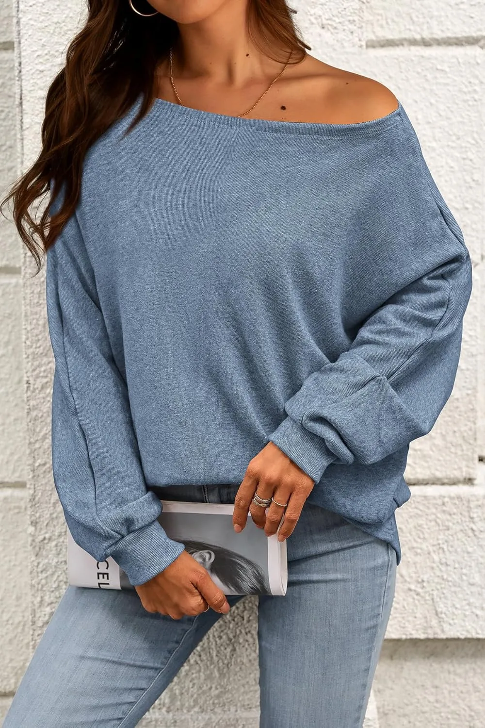 CFLONGE Fall Sweaters for Women 2025 Casual Pullover Off The Shoulder Sweater Batwing Long Sleeve Sweatshirt Knit Jumper Tops