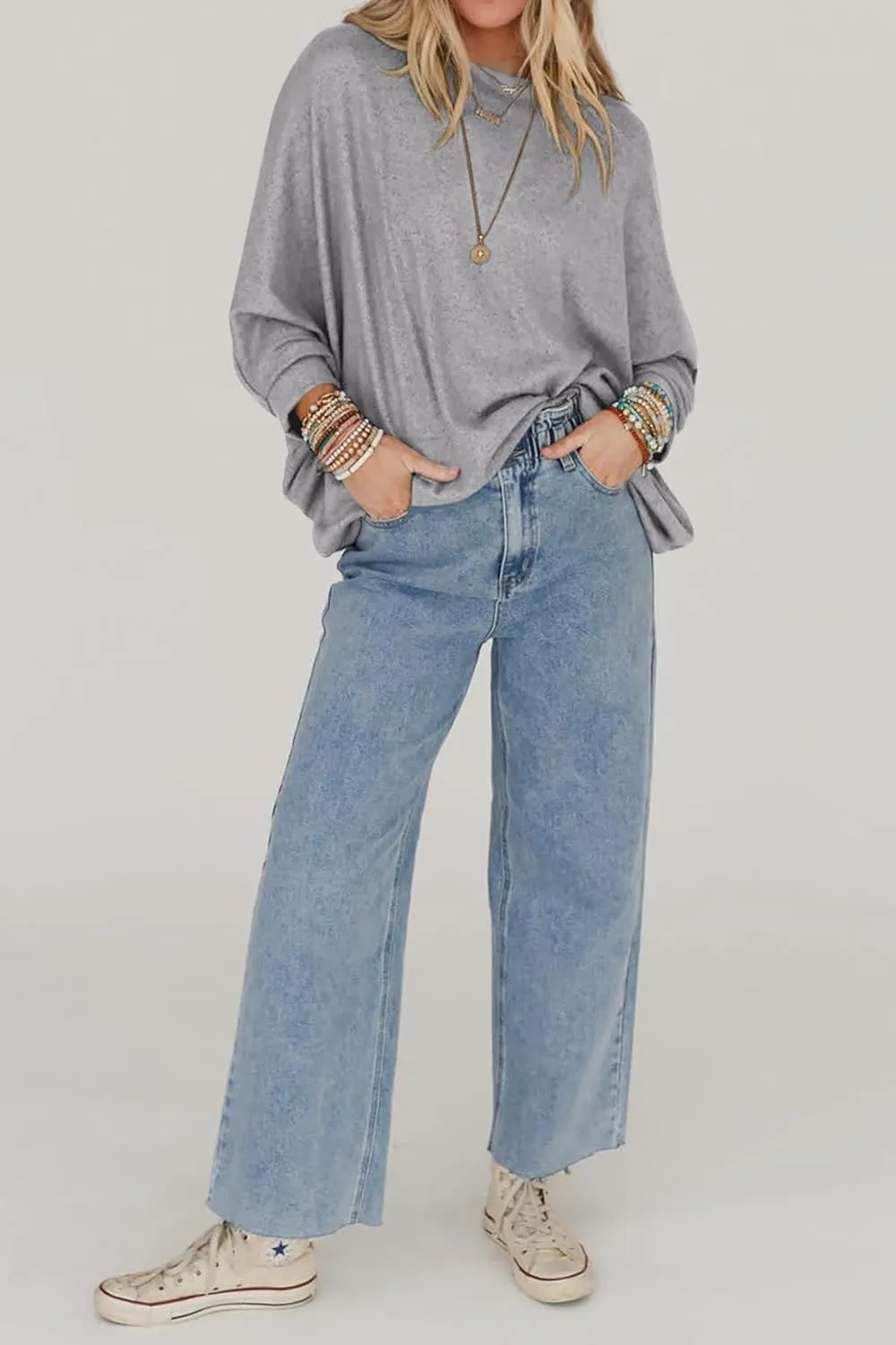 CFLONGE Fall Sweaters for Women 2025 Casual Pullover Off The Shoulder Sweater Batwing Long Sleeve Sweatshirt Knit Jumper Tops