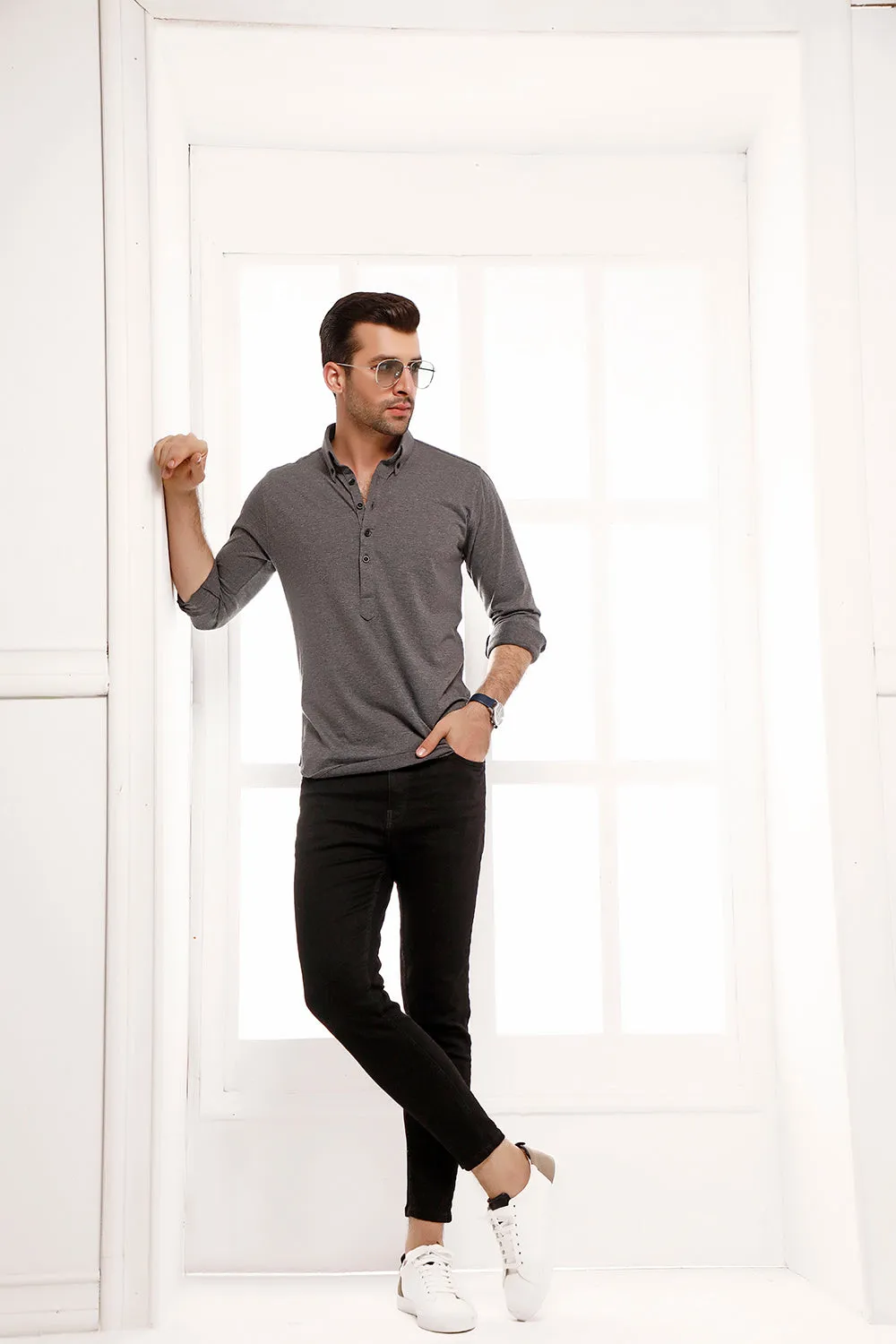 Charcoal High Collar Mid Placket Shirt