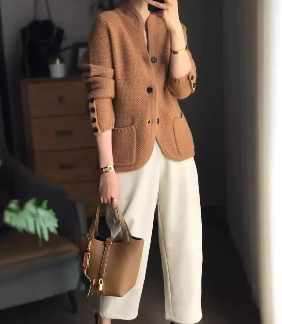 chouyatou Women's Business Casual Blazer Jacket Waffle Knit Sweater Cardigan Top Open Front Sweater Coat