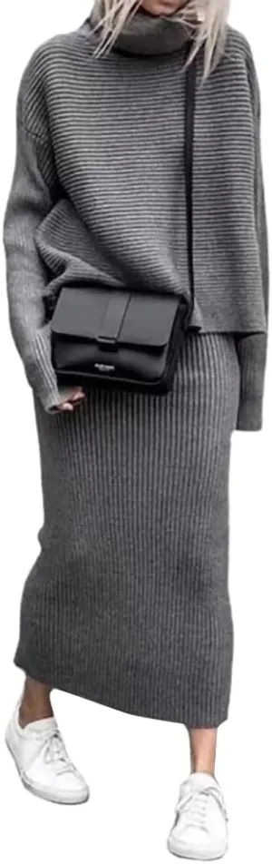chouyatou Women's Turtleneck 2 Piece Outfits Ribbed Knit Sweater Midi Pencil Skirt Set