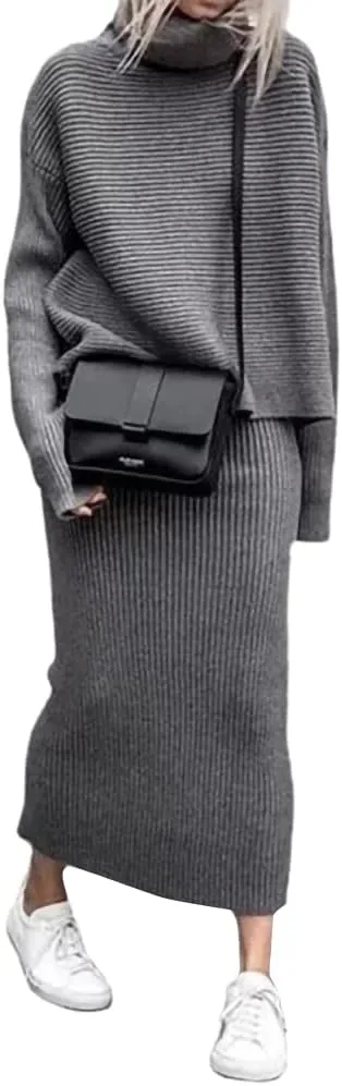 chouyatou Women's Turtleneck 2 Piece Outfits Ribbed Knit Sweater Midi Pencil Skirt Set