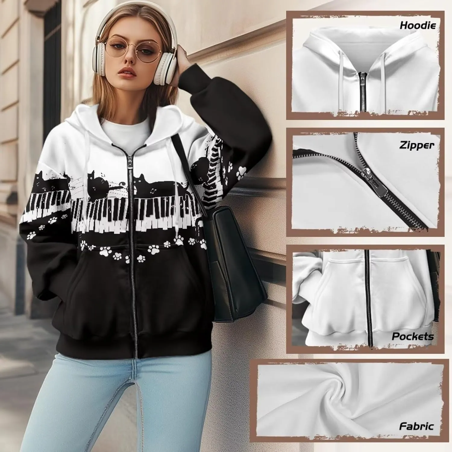 Christmas Candy Print Zip up Hoodie Women Long Sleeve Loose Fitting Y2K Pullover Tops Sweatshirt with Front Pocket
