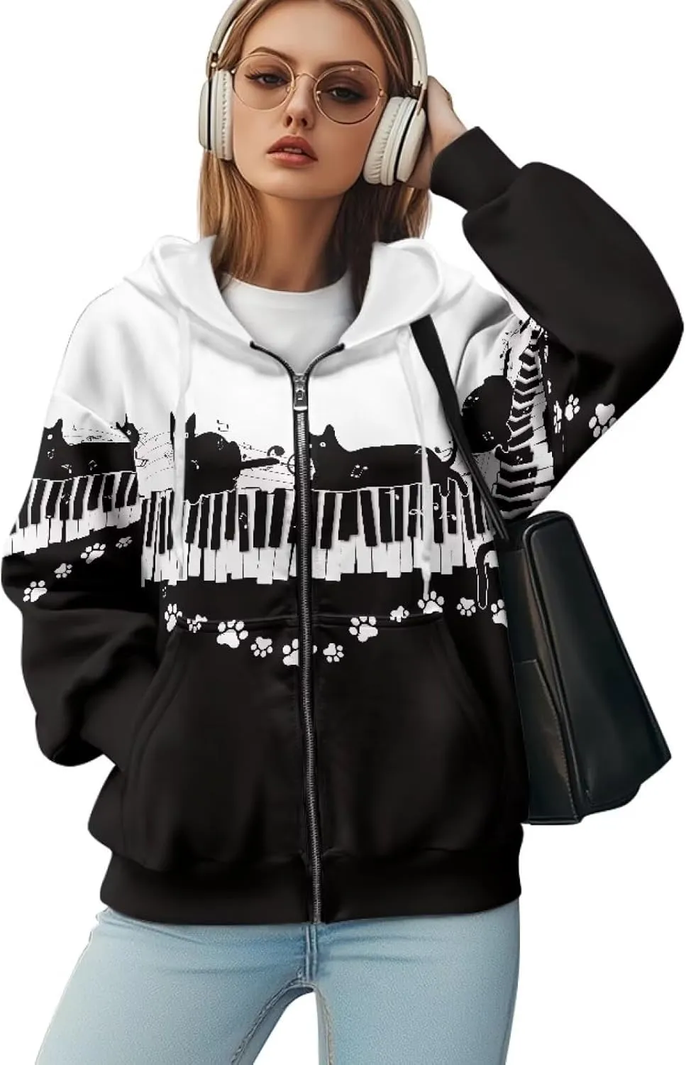 Christmas Candy Print Zip up Hoodie Women Long Sleeve Loose Fitting Y2K Pullover Tops Sweatshirt with Front Pocket