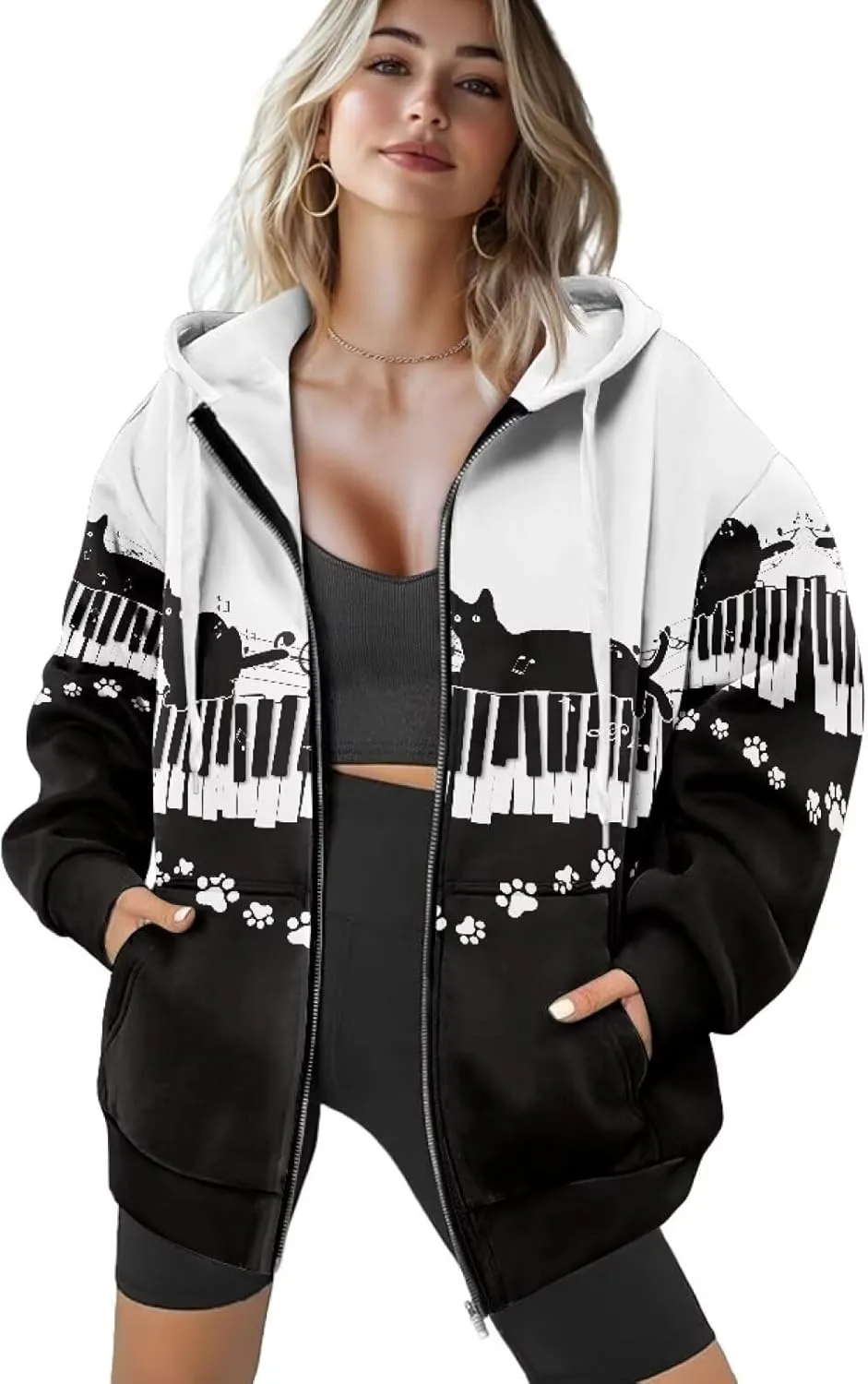 Christmas Candy Print Zip up Hoodie Women Long Sleeve Loose Fitting Y2K Pullover Tops Sweatshirt with Front Pocket
