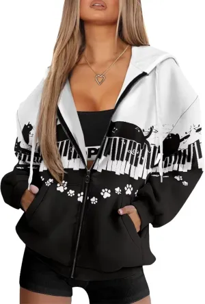 Christmas Candy Print Zip up Hoodie Women Long Sleeve Loose Fitting Y2K Pullover Tops Sweatshirt with Front Pocket