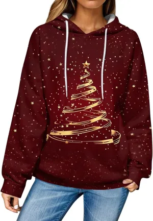 Christmas Sweatshirts For Women Trendy Oversized Hoodies Drawstring Long Sleeve Christmas Graphic Hoodies Lightweight