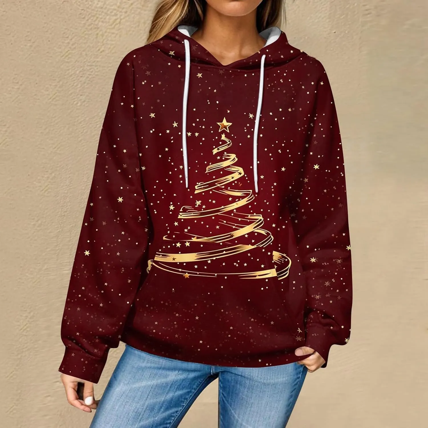 Christmas Sweatshirts For Women Trendy Oversized Hoodies Drawstring Long Sleeve Christmas Graphic Hoodies Lightweight