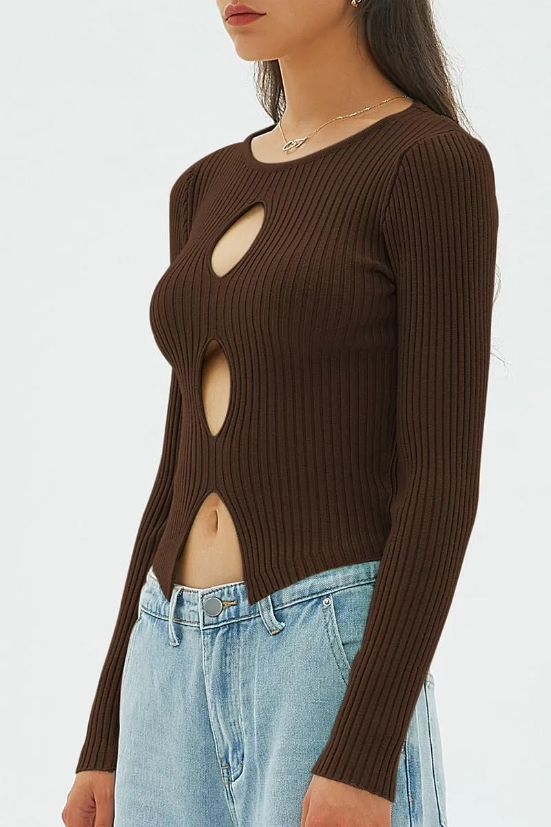 CHYRII Womens Sexy Fall Fashion Cutout Tops Ribbed Knit Winter Pullover Sweater Going Out Crop Tops