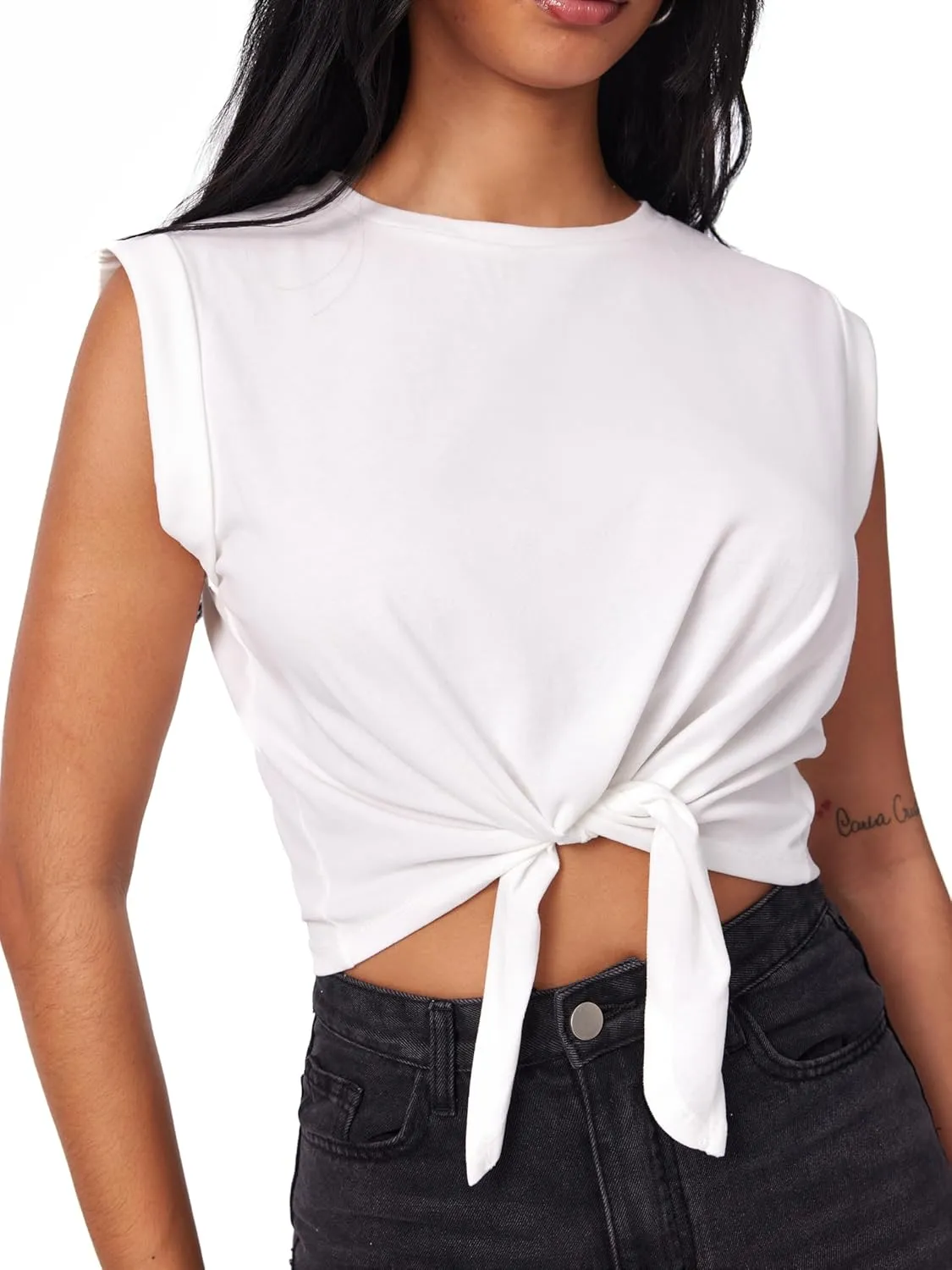 CIDER Crop Tops for Women Crew Neck T Shirts Short Sleeve Knotted Twist Front Loose Summer Basic Tee