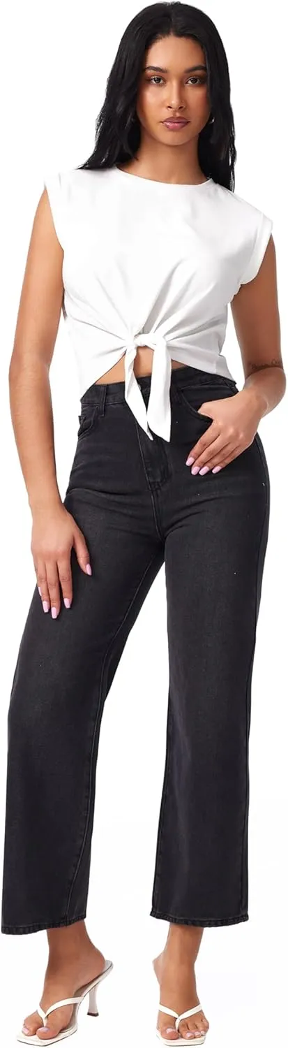 CIDER Crop Tops for Women Crew Neck T Shirts Short Sleeve Knotted Twist Front Loose Summer Basic Tee