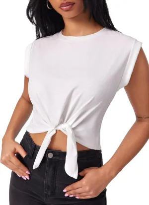 CIDER Crop Tops for Women Crew Neck T Shirts Short Sleeve Knotted Twist Front Loose Summer Basic Tee