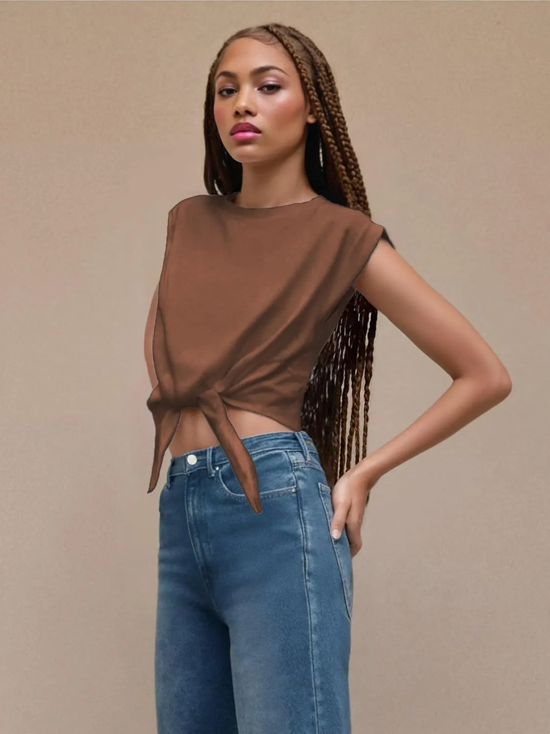 CIDER Crop Tops for Women Crew Neck T Shirts Short Sleeve Knotted Twist Front Loose Summer Basic Tee