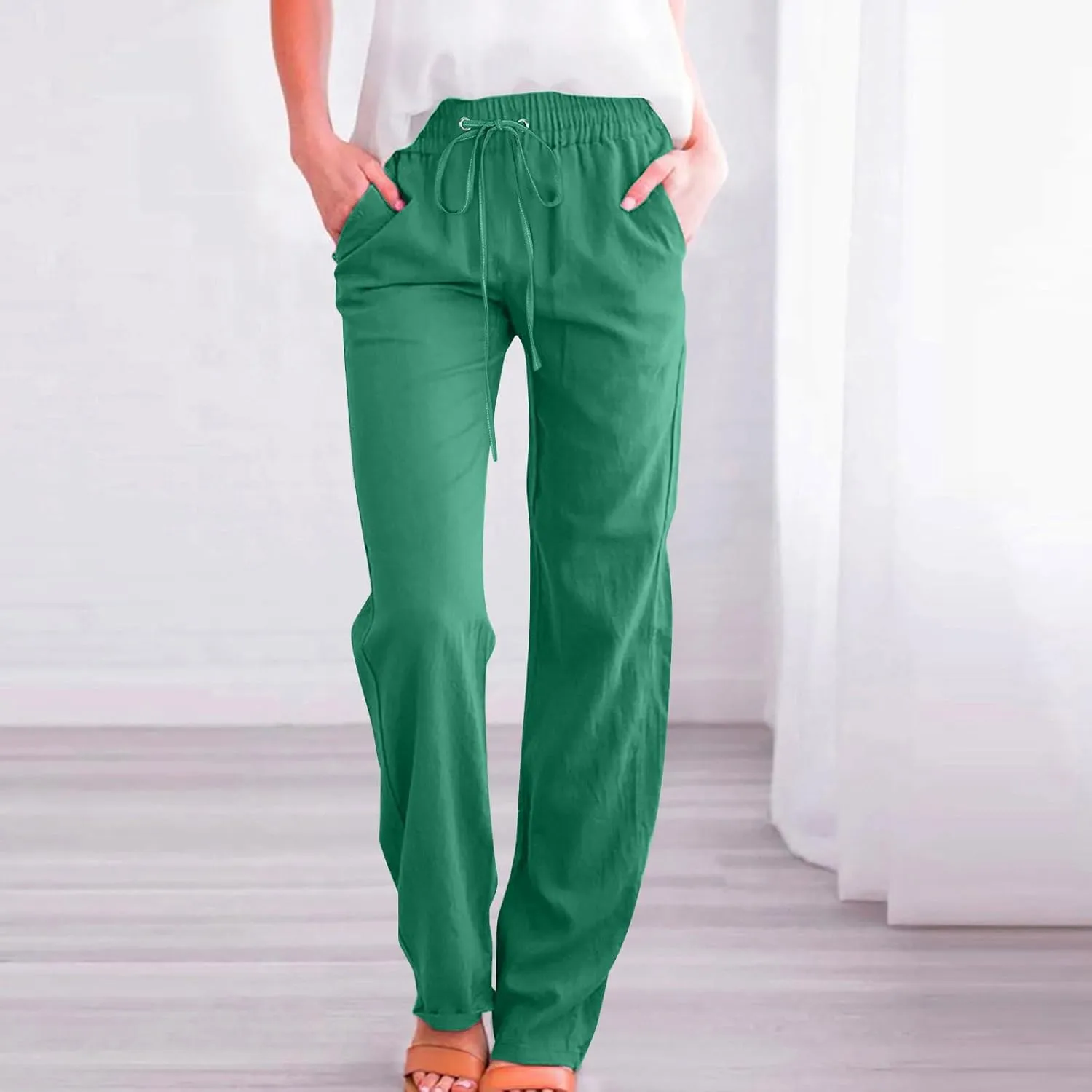 Comfy Women's Linen Pants Palazzo Cotton Linen Pants Wide Leg Loose High Waisted Trousers Summer Linen Slacks