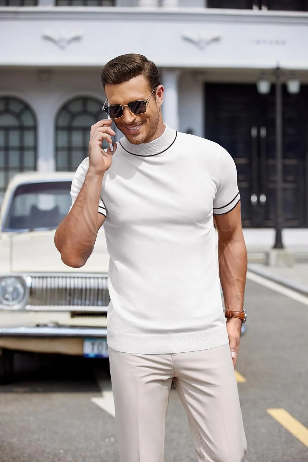 COOFANDY Mens Mock Turtleneck Sweater Short Sleeve Casual Dress Sweater Slim Fit Pullover Basic Knit Tee