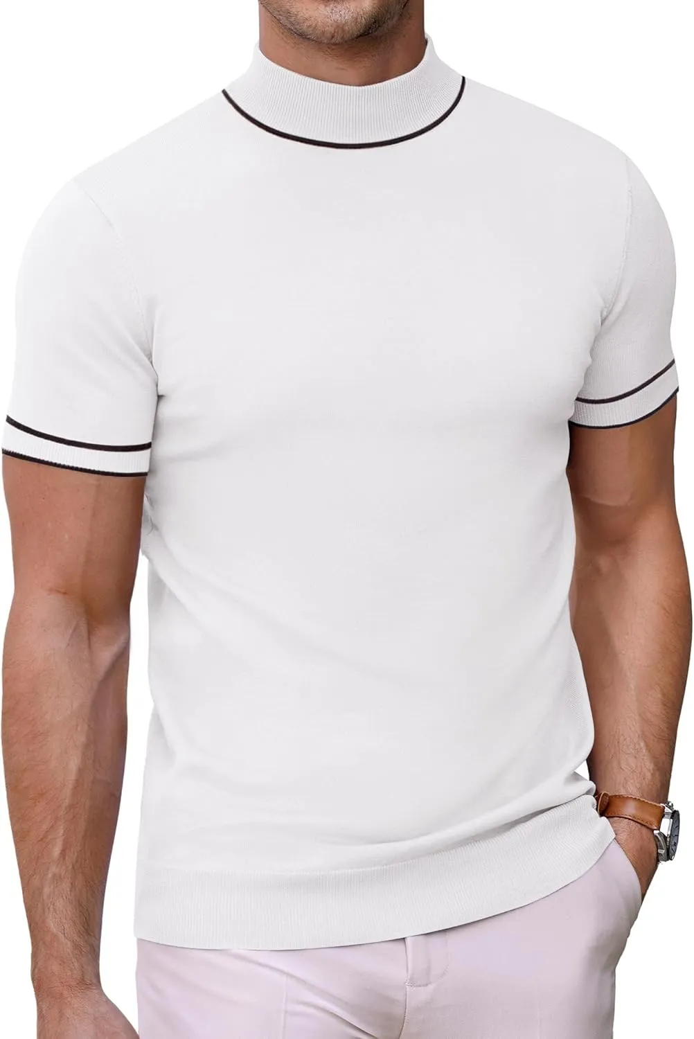 COOFANDY Mens Mock Turtleneck Sweater Short Sleeve Casual Dress Sweater Slim Fit Pullover Basic Knit Tee