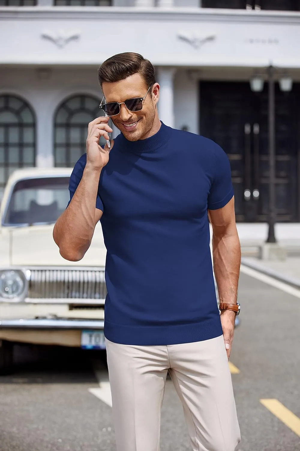 COOFANDY Mens Mock Turtleneck Sweater Short Sleeve Casual Dress Sweater Slim Fit Pullover Basic Knit Tee