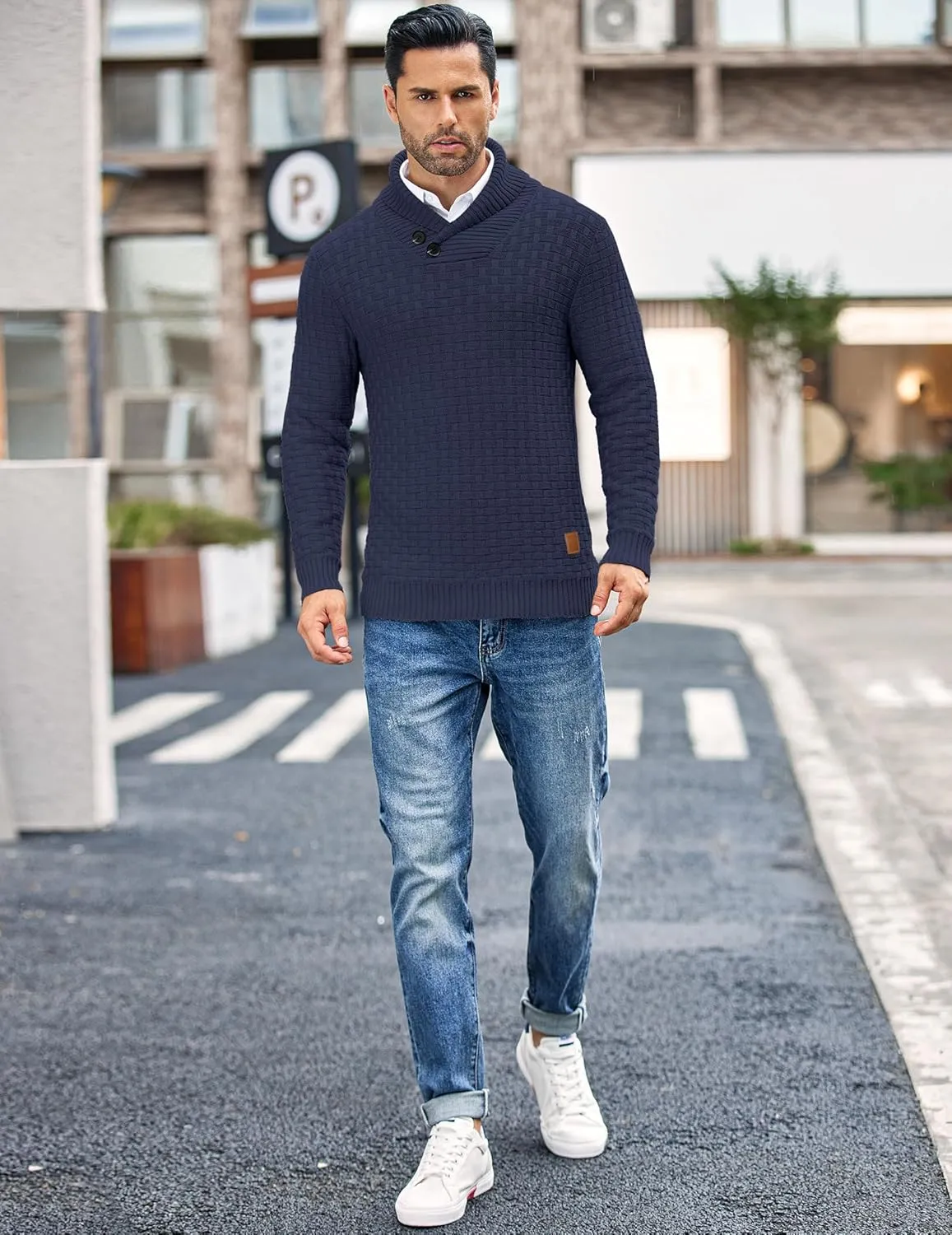 COOFANDY Men's Shawl Collar Pullover Sweater Casual Slim Fit Button Textured Knit Sweaters