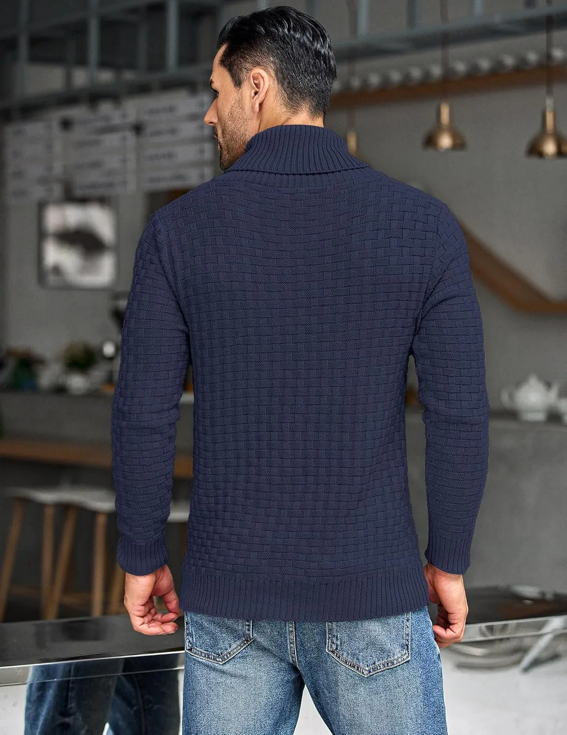 COOFANDY Men's Shawl Collar Pullover Sweater Casual Slim Fit Button Textured Knit Sweaters