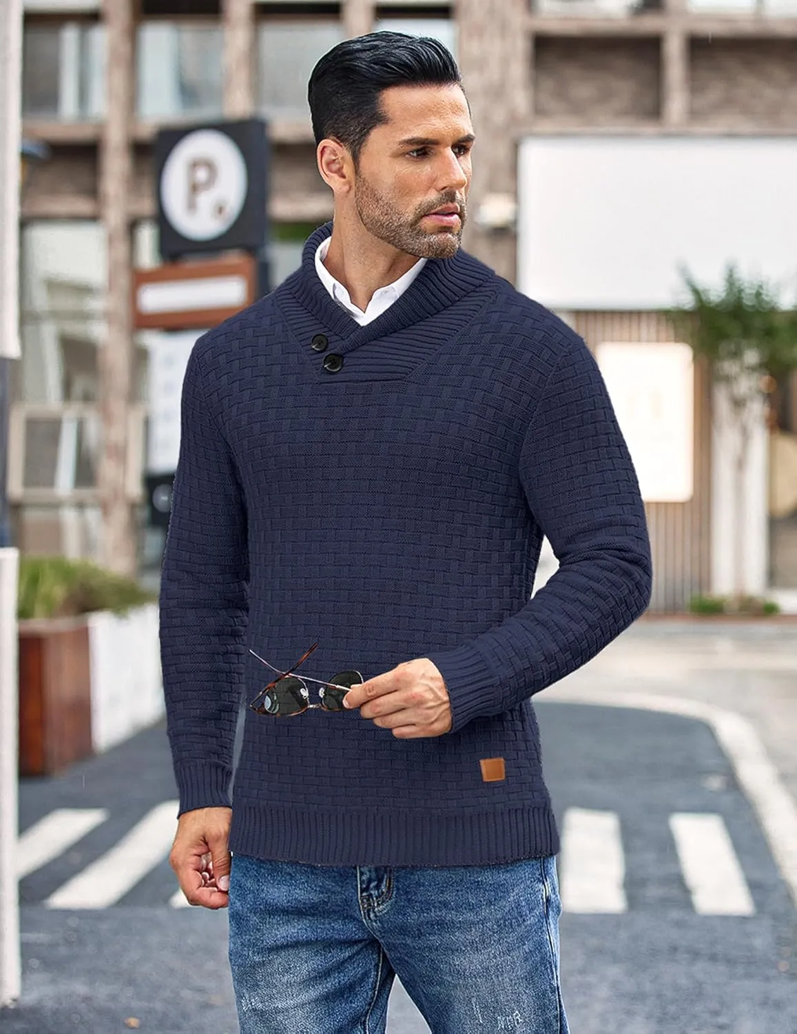 COOFANDY Men's Shawl Collar Pullover Sweater Casual Slim Fit Button Textured Knit Sweaters