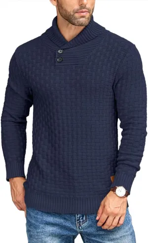 COOFANDY Men's Shawl Collar Pullover Sweater Casual Slim Fit Button Textured Knit Sweaters