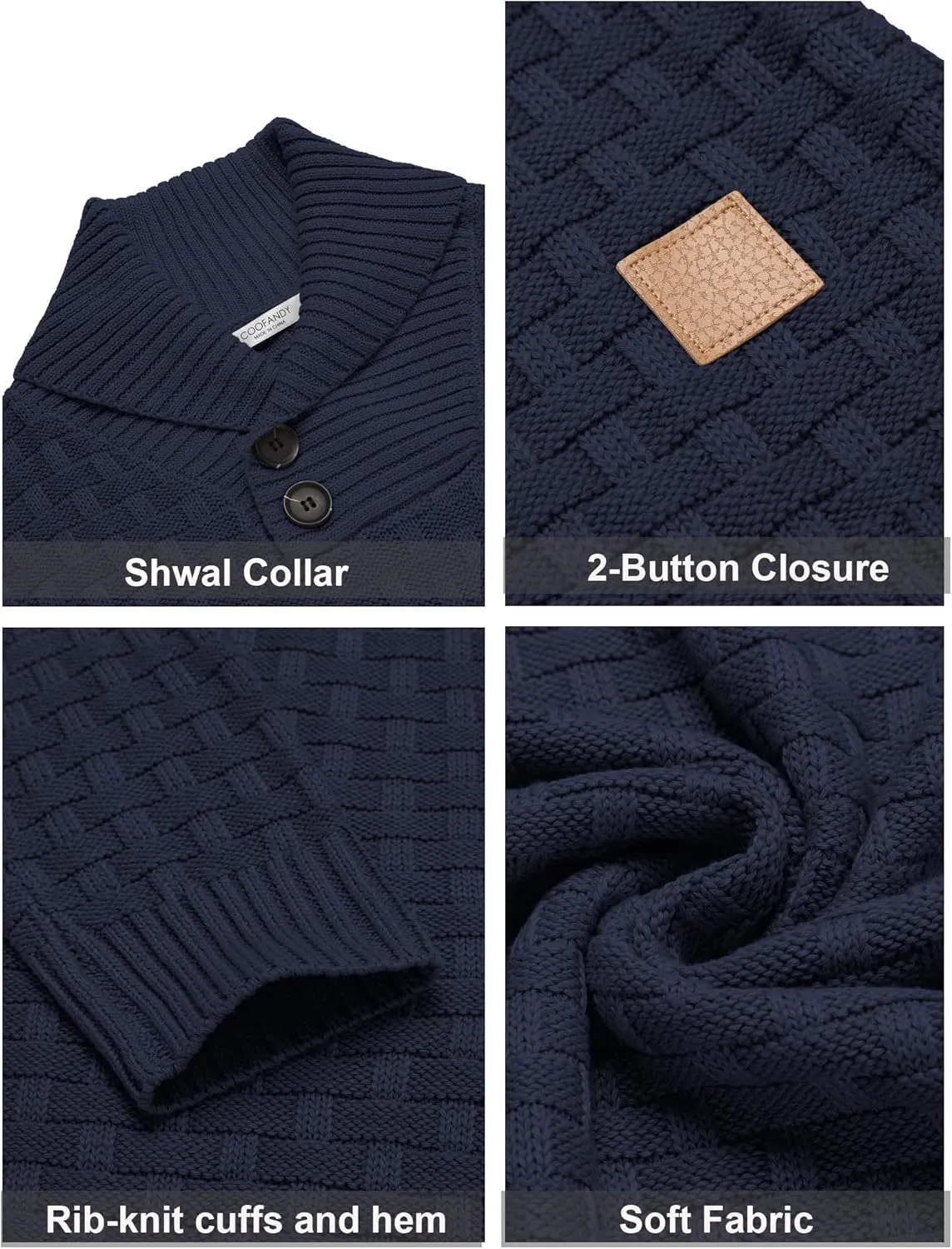 COOFANDY Men's Shawl Collar Pullover Sweater Casual Slim Fit Button Textured Knit Sweaters
