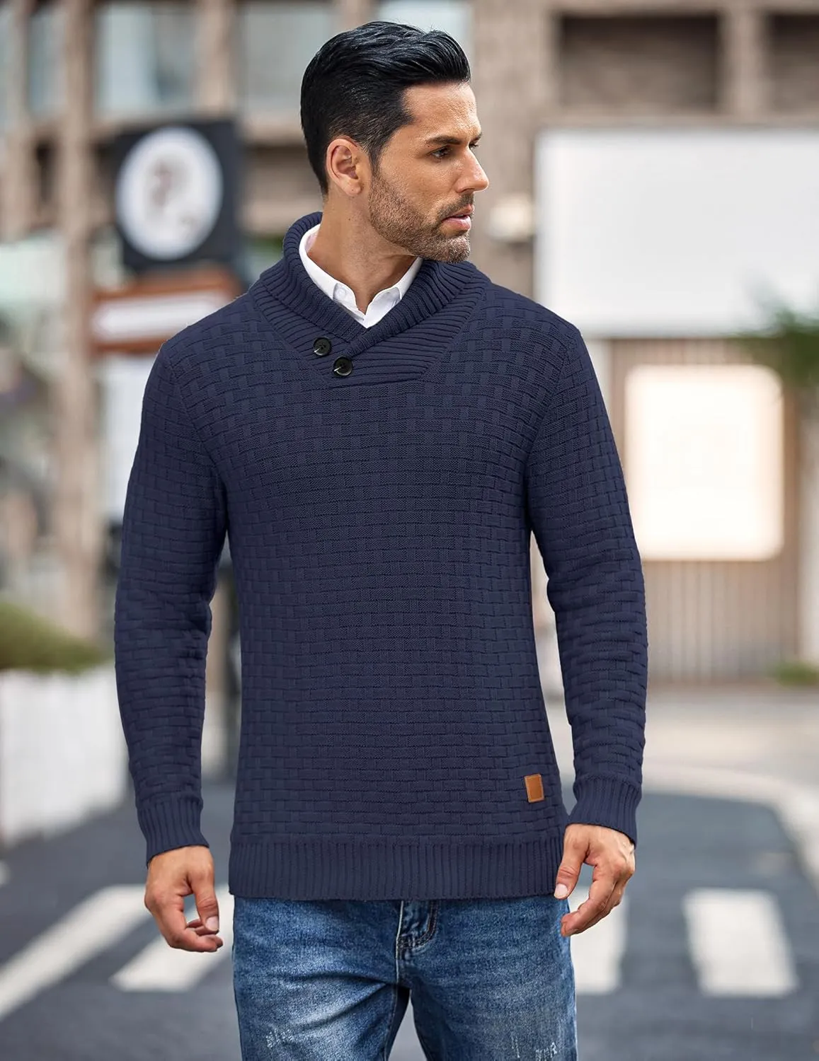 COOFANDY Men's Shawl Collar Pullover Sweater Casual Slim Fit Button Textured Knit Sweaters
