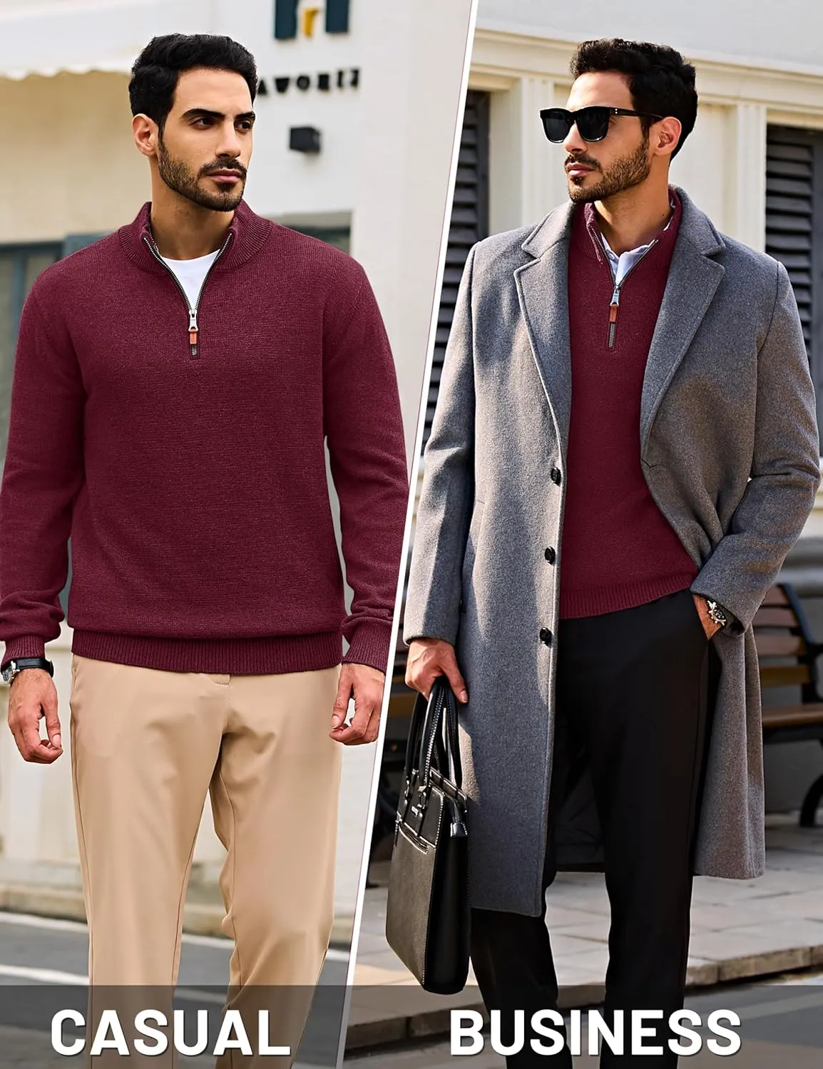 Cotrasen Mens Sweater Quarter Zip Pullover Casual Knit Cotton Long Sleeve Mock Neck Polo Sweaters