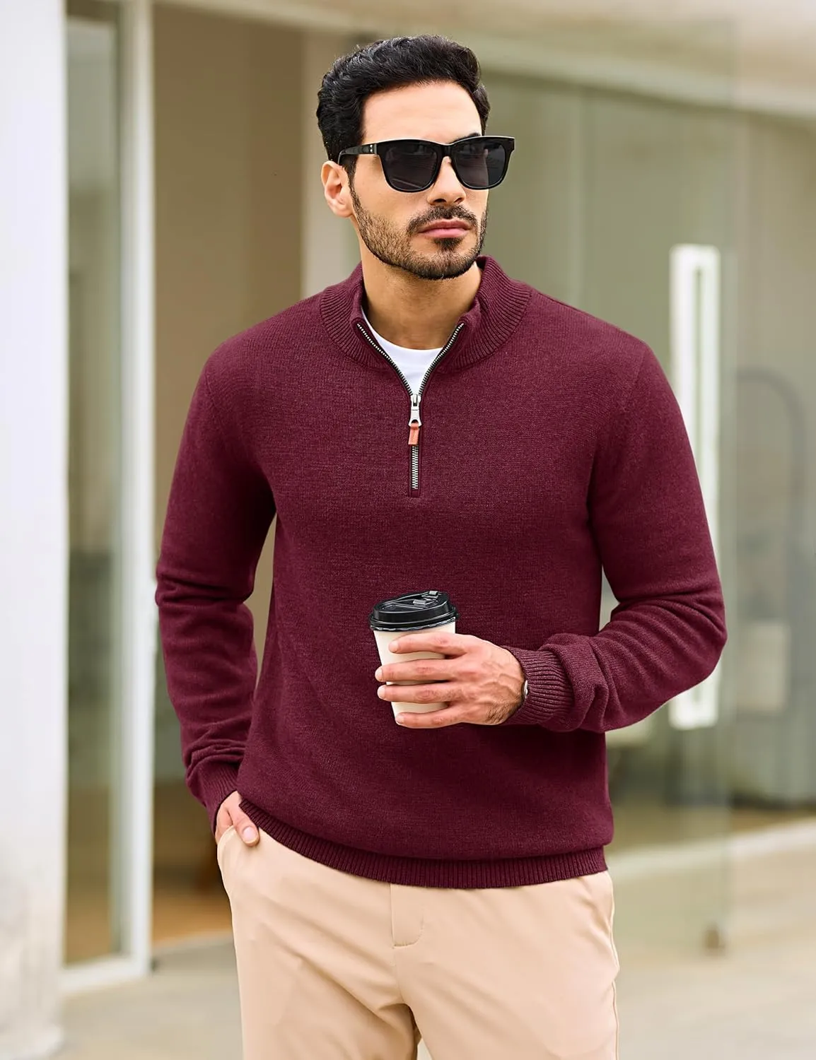 Cotrasen Mens Sweater Quarter Zip Pullover Casual Knit Cotton Long Sleeve Mock Neck Polo Sweaters