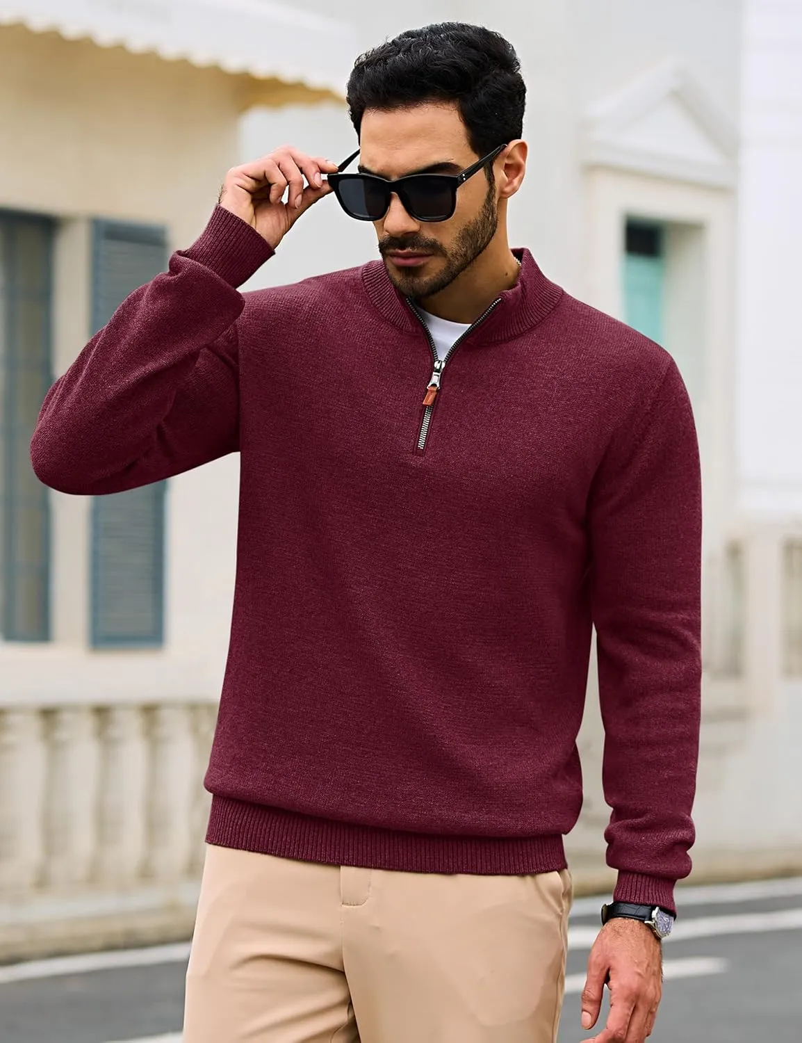 Cotrasen Mens Sweater Quarter Zip Pullover Casual Knit Cotton Long Sleeve Mock Neck Polo Sweaters