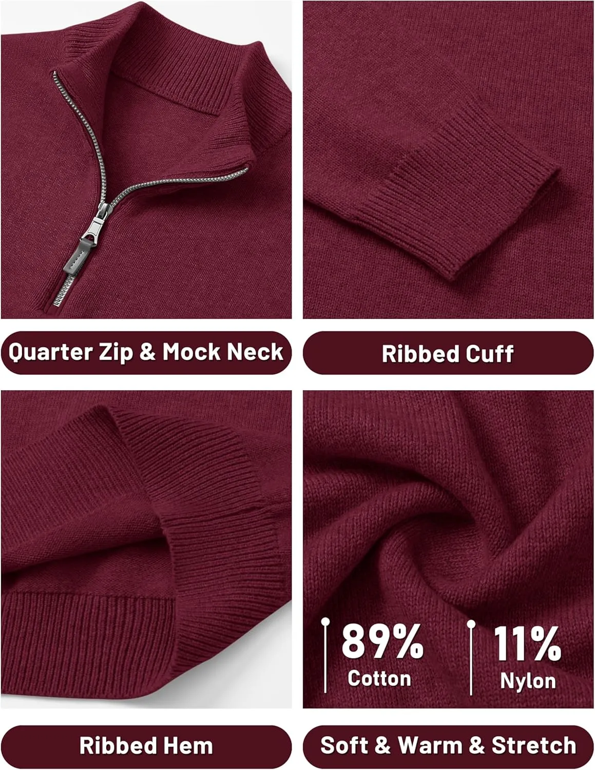 Cotrasen Mens Sweater Quarter Zip Pullover Casual Knit Cotton Long Sleeve Mock Neck Polo Sweaters