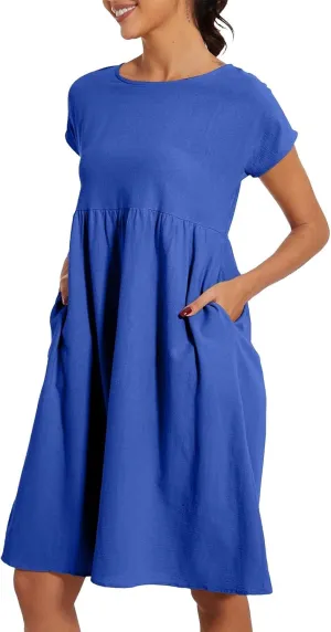 Cotton Dresses for Women 2025 Plus Size Short Sleeve Crewneck Linen Midi Dress with Pockets Summer Casual Sundress