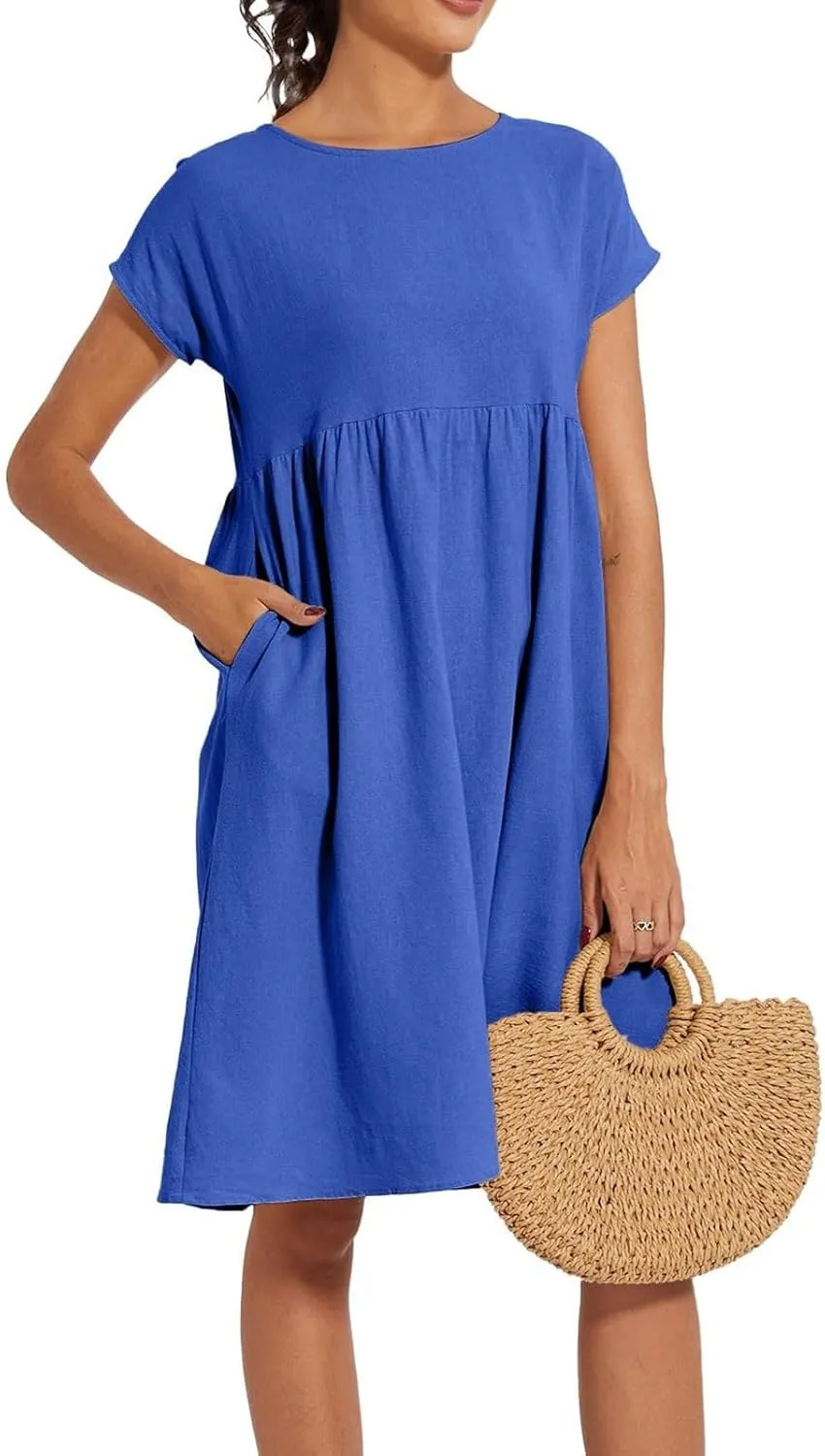 Cotton Dresses for Women 2025 Plus Size Short Sleeve Crewneck Linen Midi Dress with Pockets Summer Casual Sundress