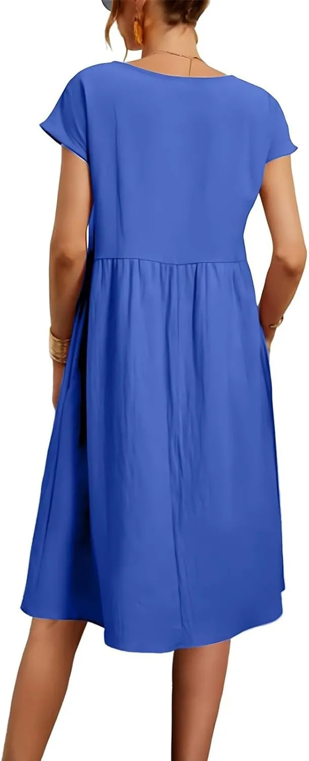 Cotton Dresses for Women 2025 Plus Size Short Sleeve Crewneck Linen Midi Dress with Pockets Summer Casual Sundress