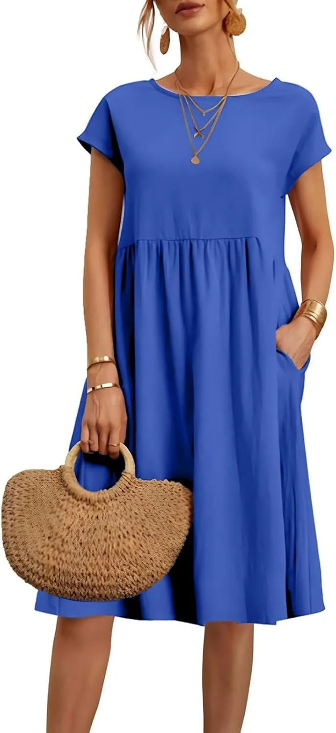 Cotton Dresses for Women 2025 Plus Size Short Sleeve Crewneck Linen Midi Dress with Pockets Summer Casual Sundress