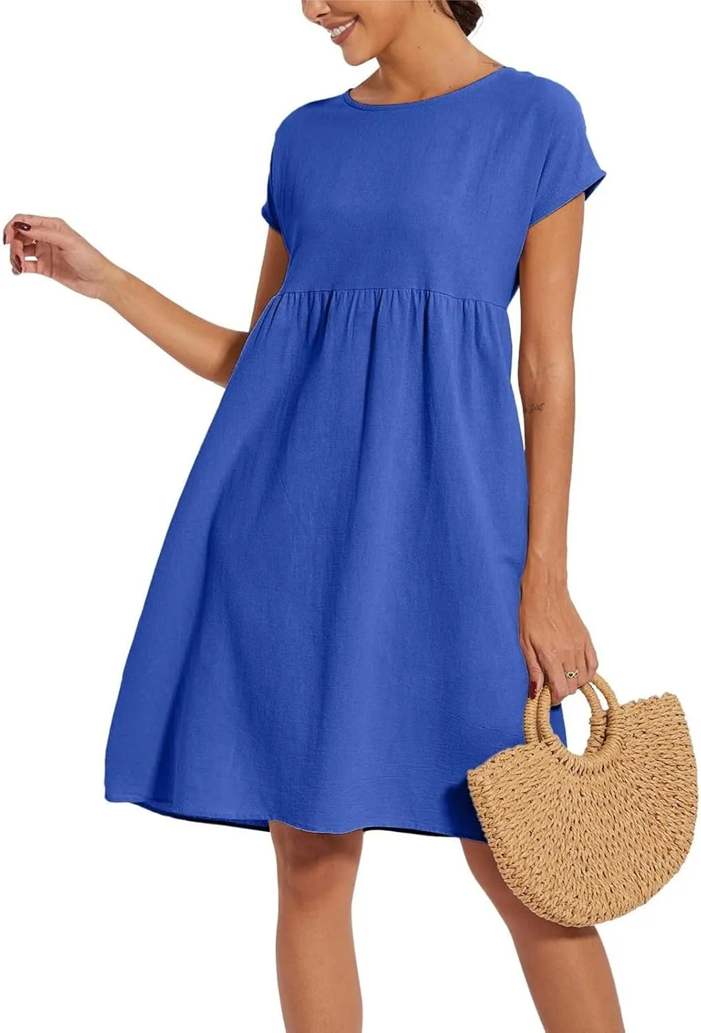 Cotton Dresses for Women 2025 Plus Size Short Sleeve Crewneck Linen Midi Dress with Pockets Summer Casual Sundress