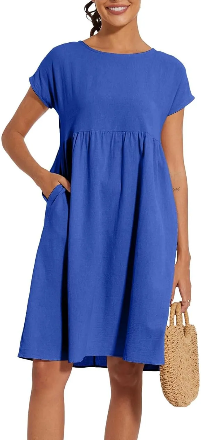 Cotton Dresses for Women 2025 Plus Size Short Sleeve Crewneck Linen Midi Dress with Pockets Summer Casual Sundress