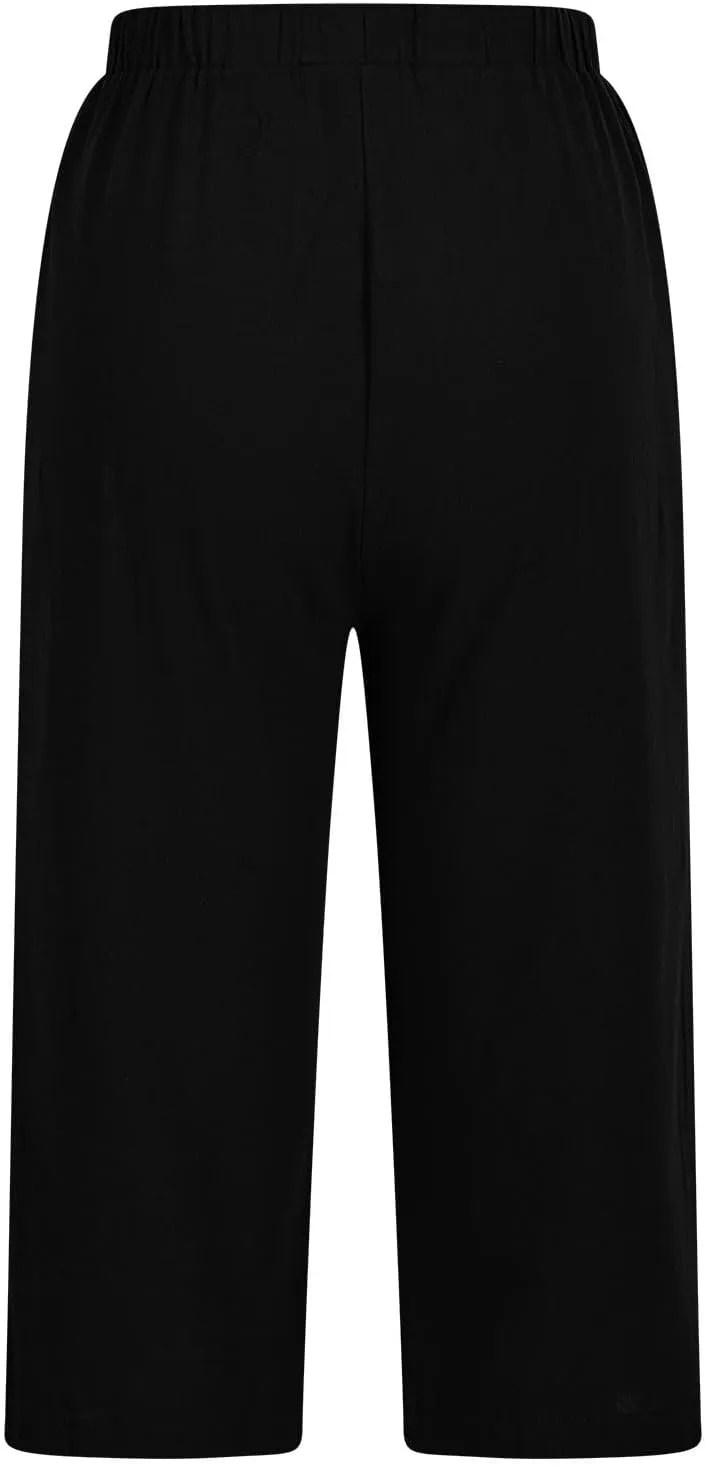 Cotton Linen Capri Wide Leg Pants for Women Casual Summer Straight Palazzo Pant Loose Fit Comfy Beach Cropped Trouser