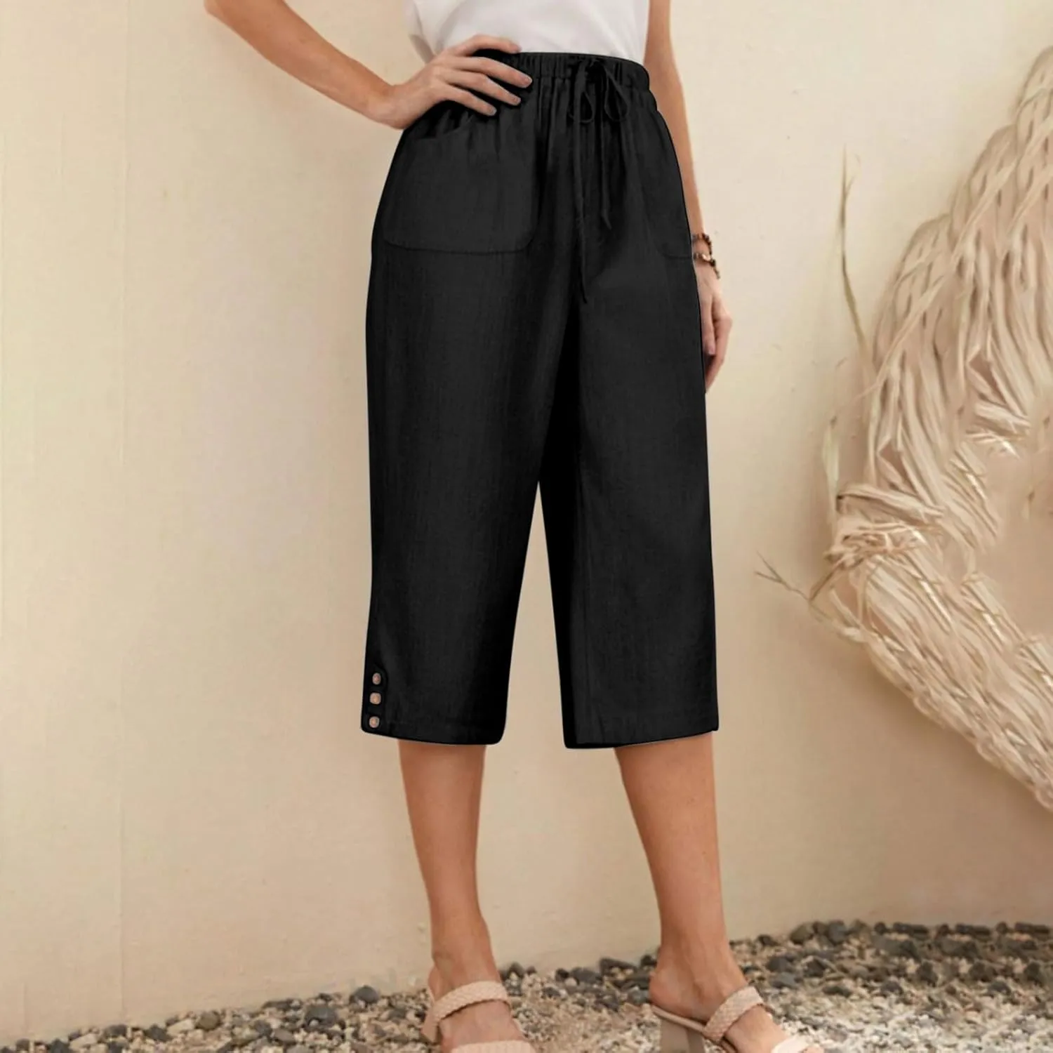 Cotton Linen Capri Wide Leg Pants for Women Casual Summer Straight Palazzo Pant Loose Fit Comfy Beach Cropped Trouser